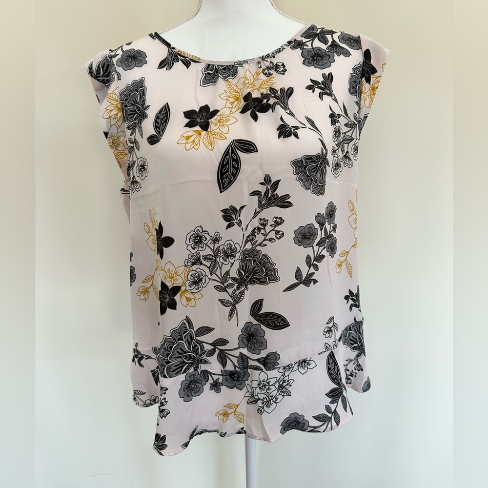 LOFT Light Pink Blouse with Black and Yellow Floral Details